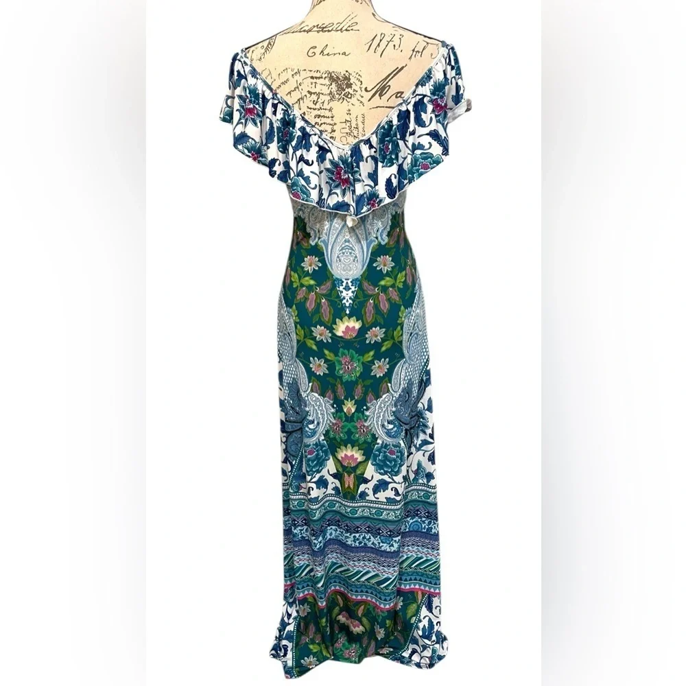Hale Bob Floral Resort Maxi Dress XS Blue Green Ruffle Neck EUC